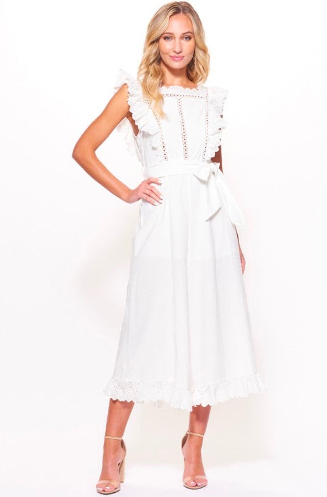 Shooting For the Stars Woven Wide Leg Jumpsuit with Lace Eyelet Detail and Open Back in White