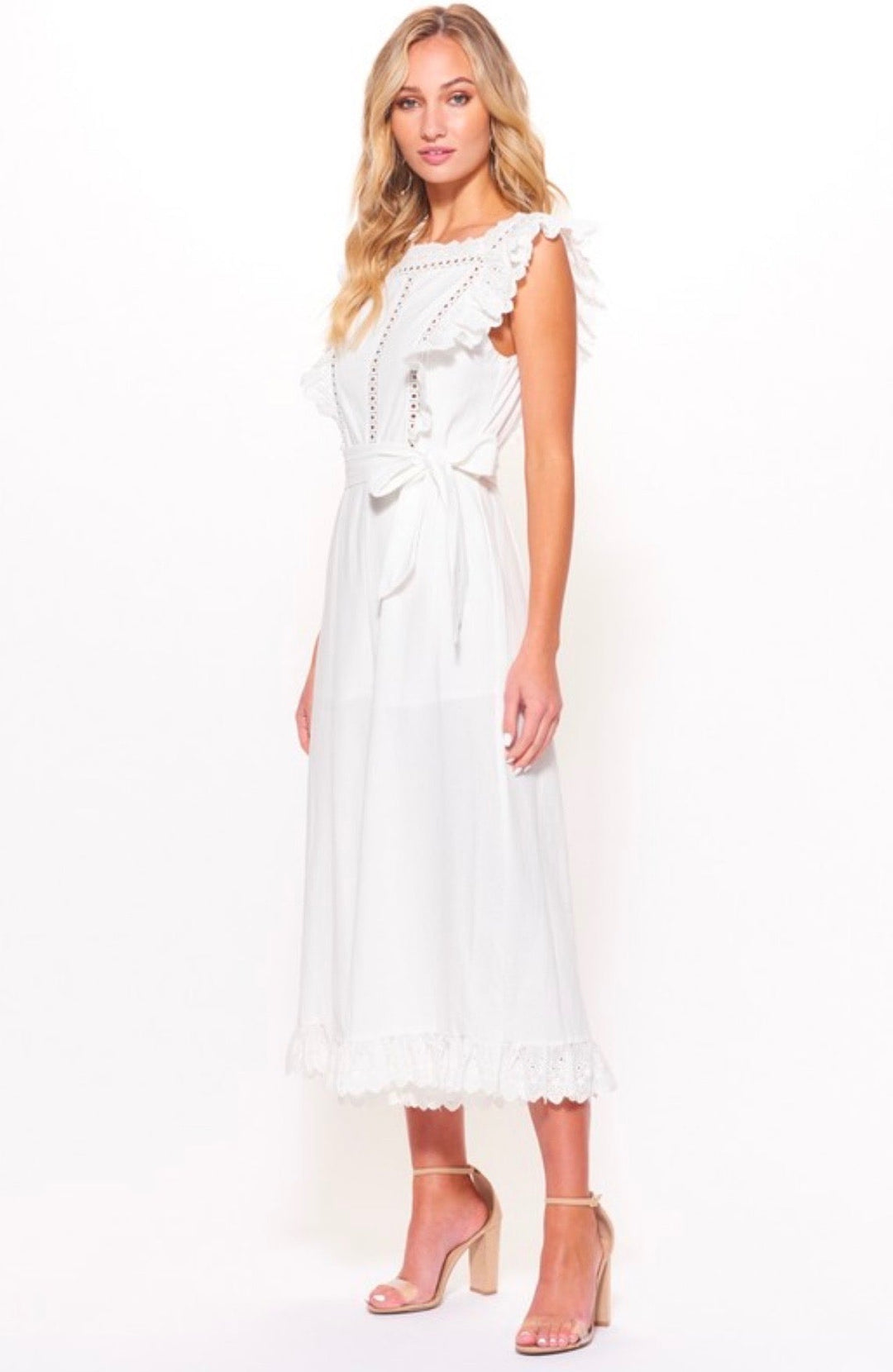 Shooting For the Stars Woven Wide Leg Jumpsuit with Lace Eyelet Detail and Open Back in White