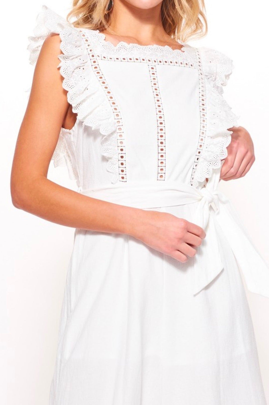 Shooting For the Stars Woven Wide Leg Jumpsuit with Lace Eyelet Detail and Open Back in White