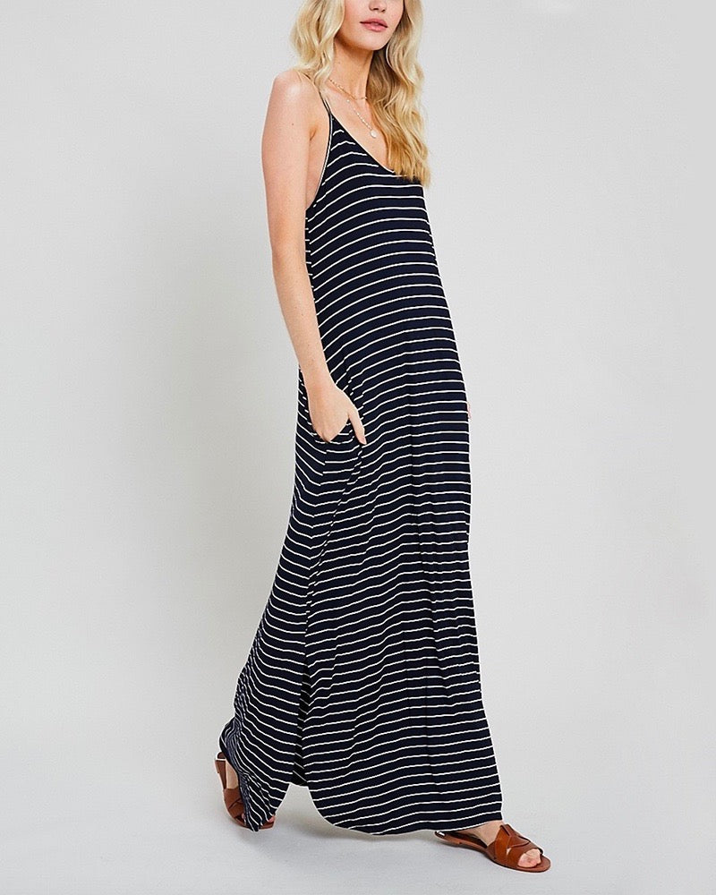 Weekend Striped Cami Maxi Dress with Pockets - Navy/White