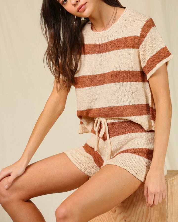 Stripe Knit Top in Camel Ivory