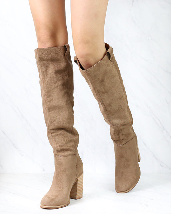 Saint Slouch Box Cut Knee High Suede Block Heel Boot in Camel