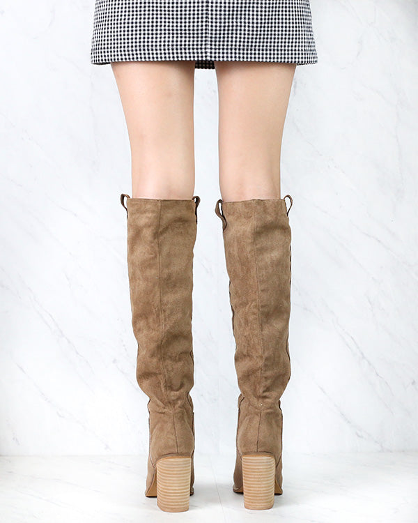 Saint Slouch Box Cut Knee High Suede Block Heel Boot in Camel