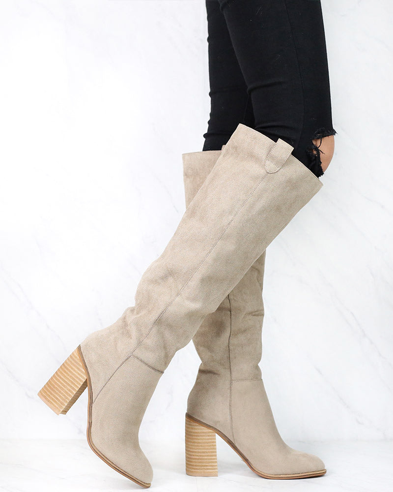 Saint Slouch Box Cut Knee High Suede Block Heel Boot in Grey