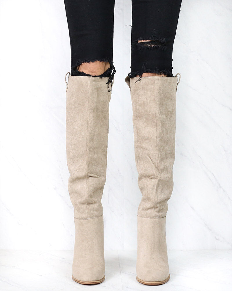 Saint Slouch Box Cut Knee High Suede Block Heel Boot in Grey