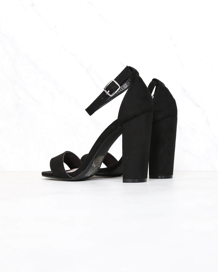Sassy Ankle Strap Chunky Heels in Black Suede