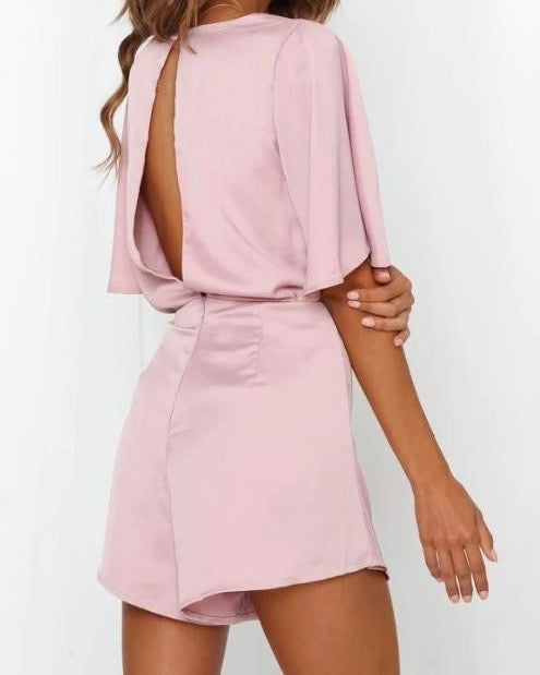 Satin Sheen Charmeus Flutter Sleeve Open Back Side Tie Romper in More Colors