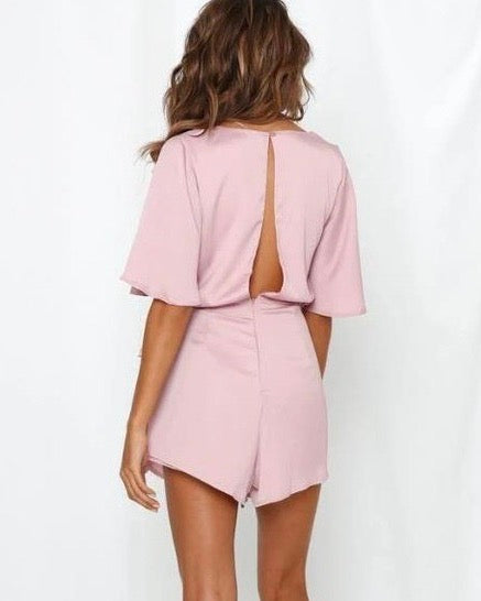 Satin Sheen Charmeus Flutter Sleeve Open Back Side Tie Romper in More Colors
