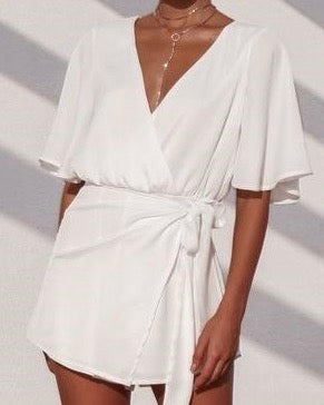 Satin Sheen Charmeus Flutter Sleeve Open Back Side Tie Romper in More Colors