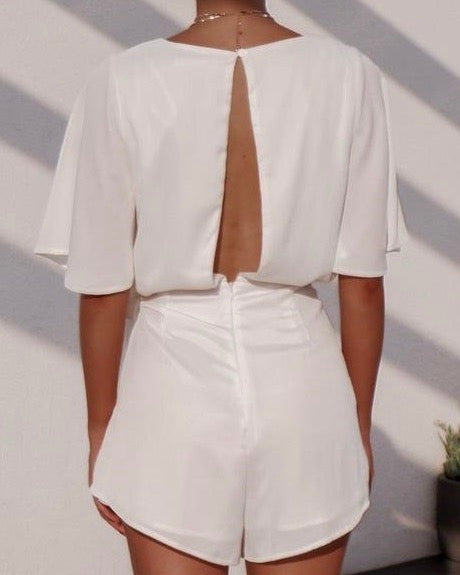 Satin Sheen Charmeus Flutter Sleeve Open Back Side Tie Romper in More Colors