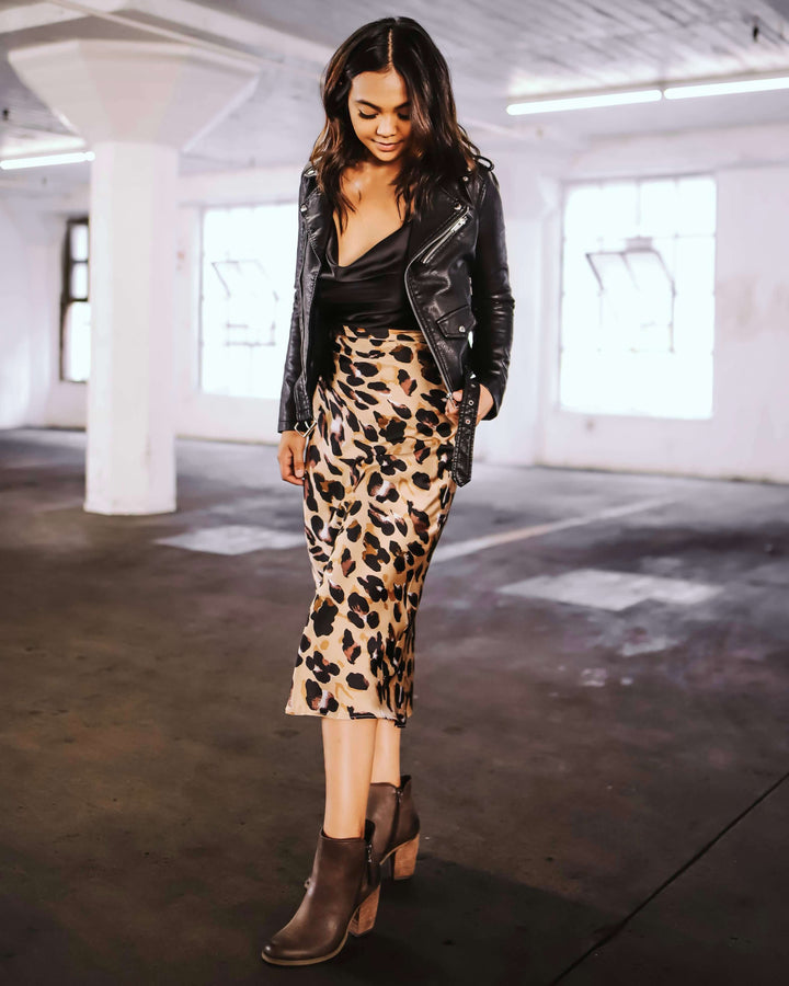 Satin Leopard Midi Skirt - Taupe Combo