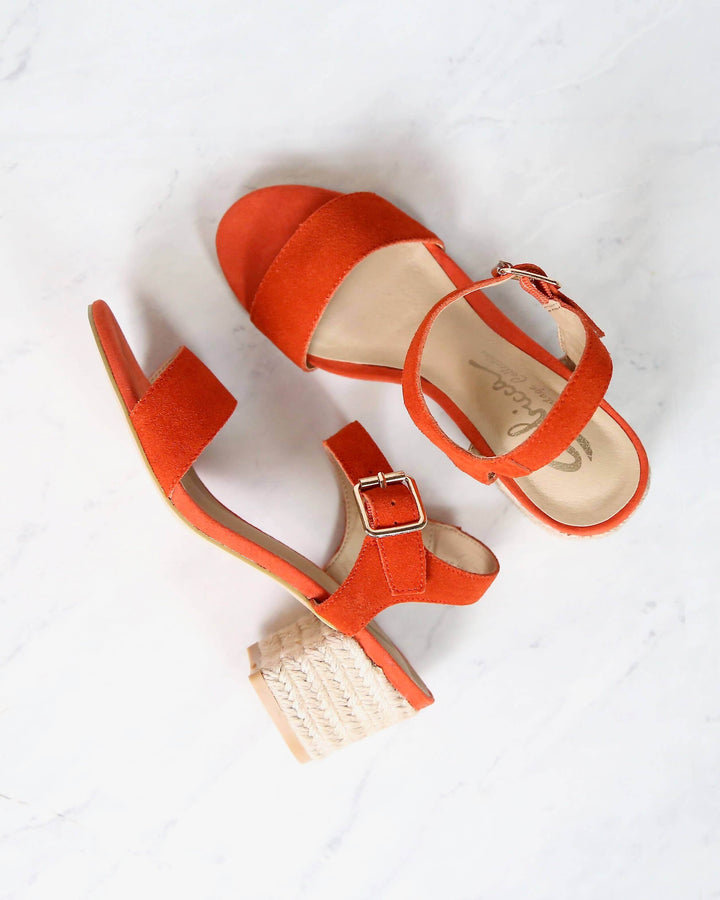 Sbicca - Whirlaway Burnt Orange Suede Leather Ankle Strap Jute Heels