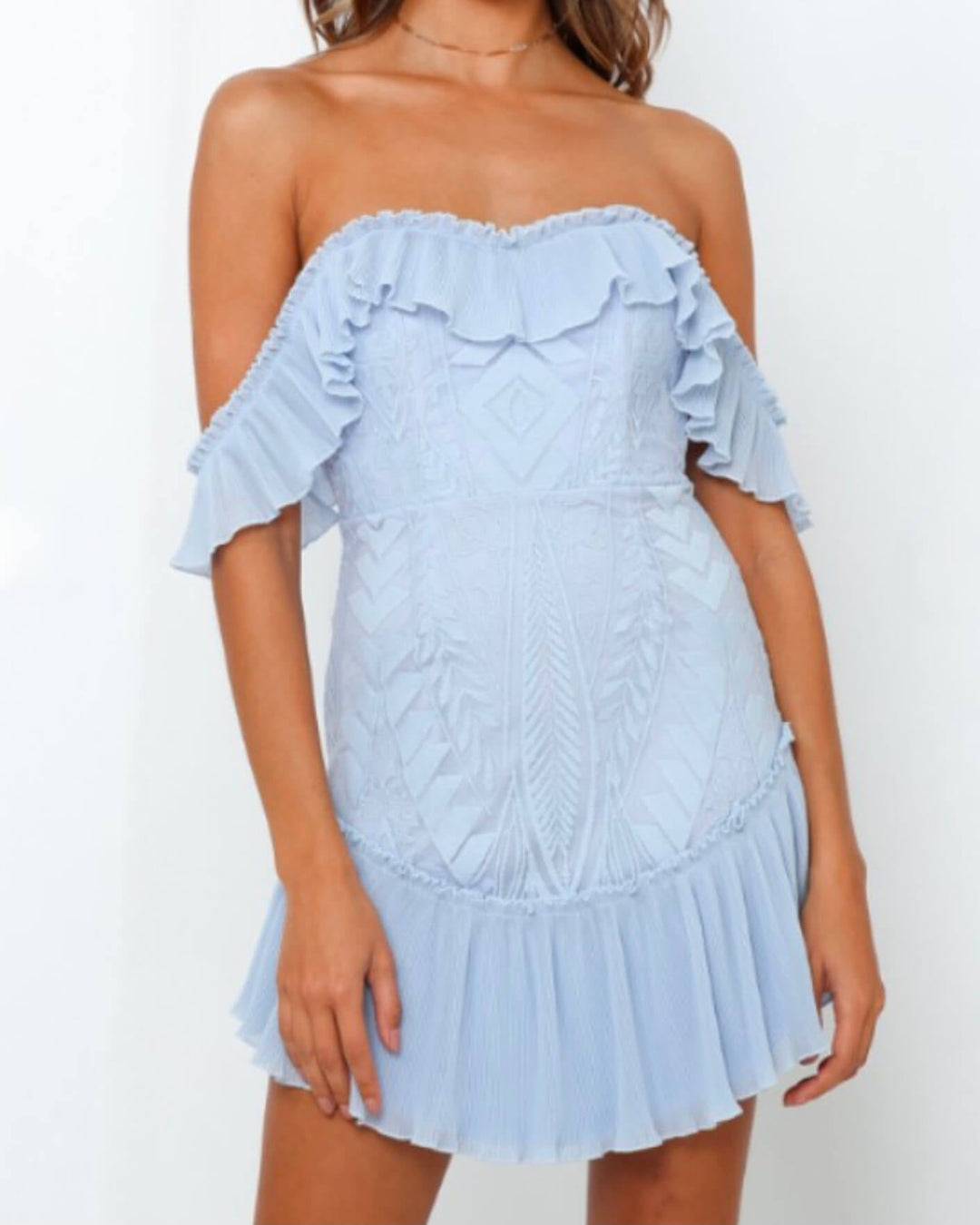 solid lace-up off shoulder ruffles ruched dress Chiffon Ruffle Shoulder Lace Up Back Column Dress petite / 2 / light-blue