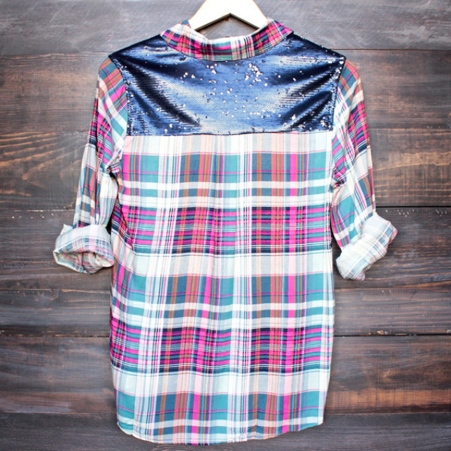 button up plaid shirt with dazzling blue sequins - shophearts - 1