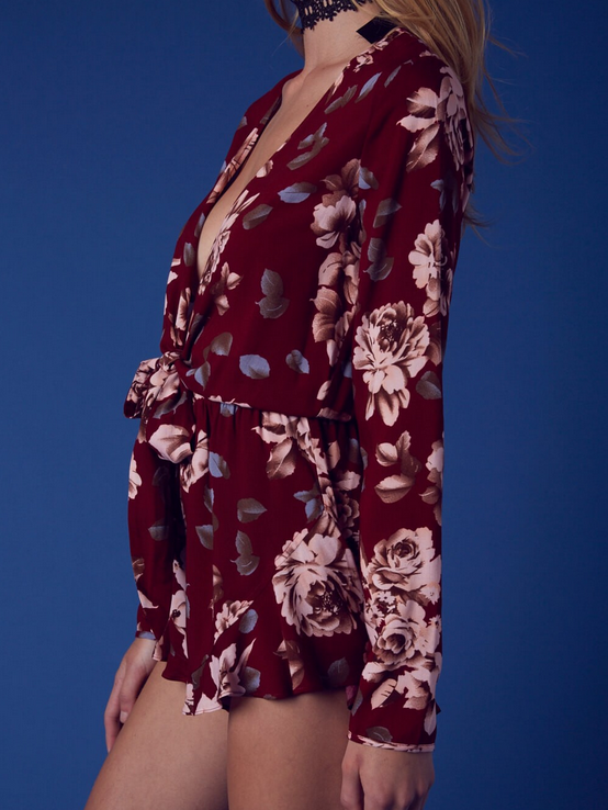 girl crush long sleeve floral romper with ruffle hem in burgundy - shophearts - 6