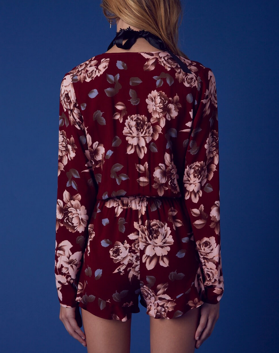 girl crush long sleeve floral romper with ruffle hem in burgundy - shophearts - 7