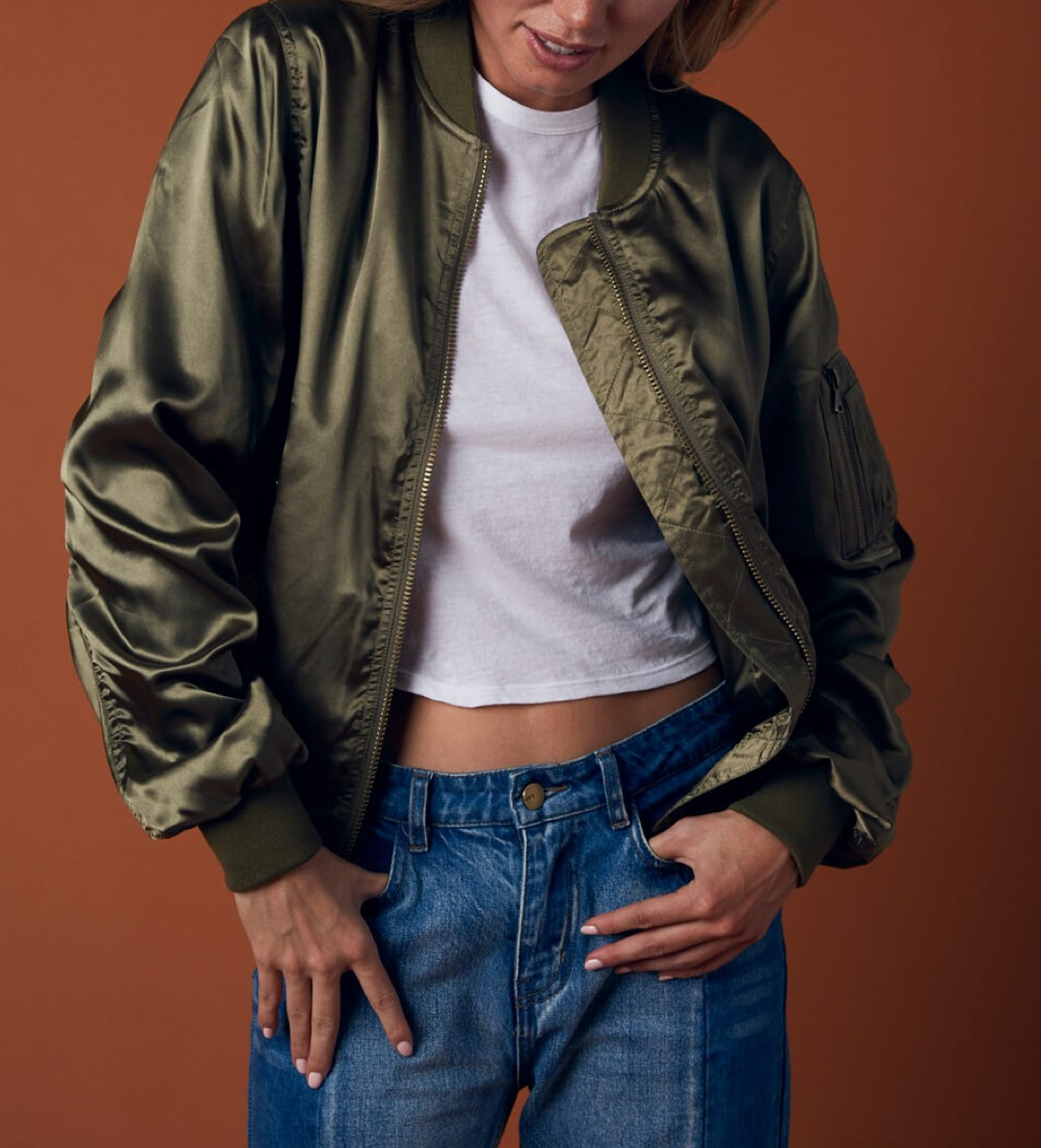 lightweight satin bomber jacket - olive - shophearts - 6
