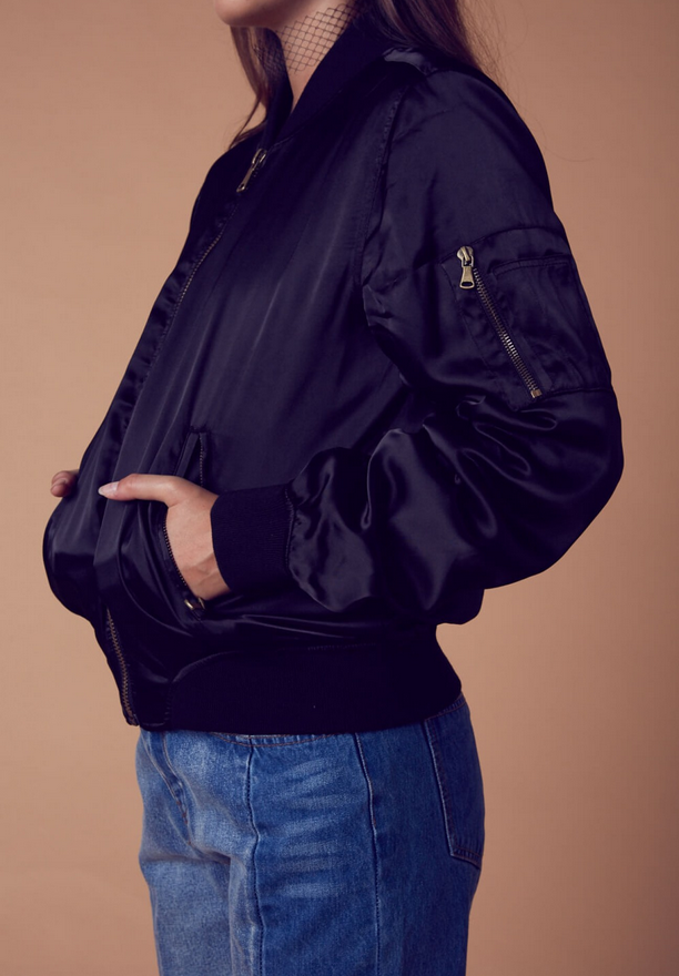 padded satin bomber jacket - black - shophearts - 3