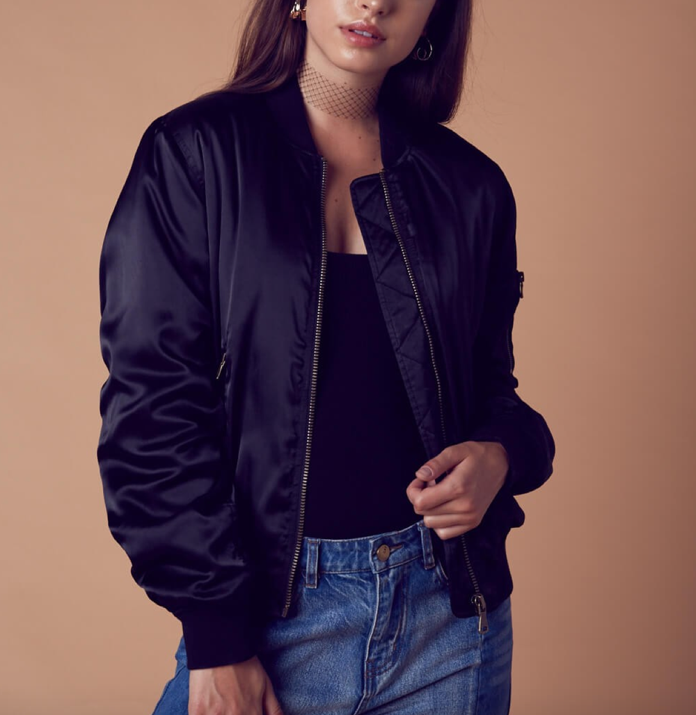padded satin bomber jacket - black - shophearts - 2