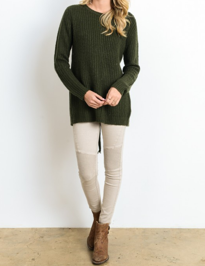 long sleeve lace up back sweater - olive - shophearts - 3
