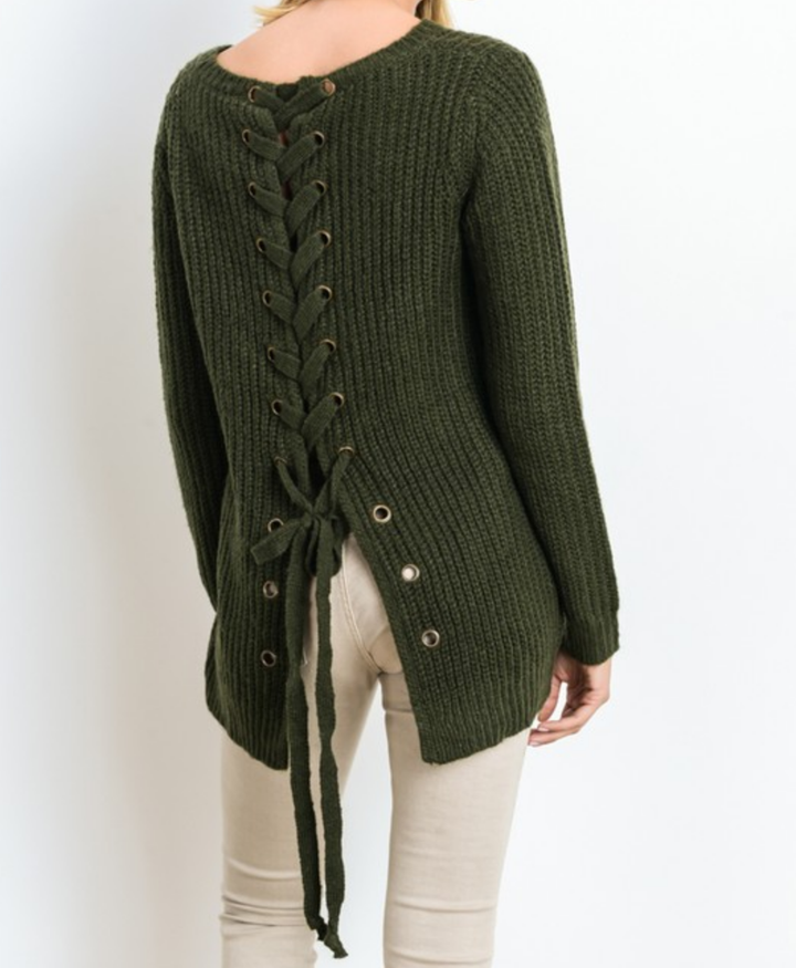 long sleeve lace up back sweater - olive - shophearts - 4
