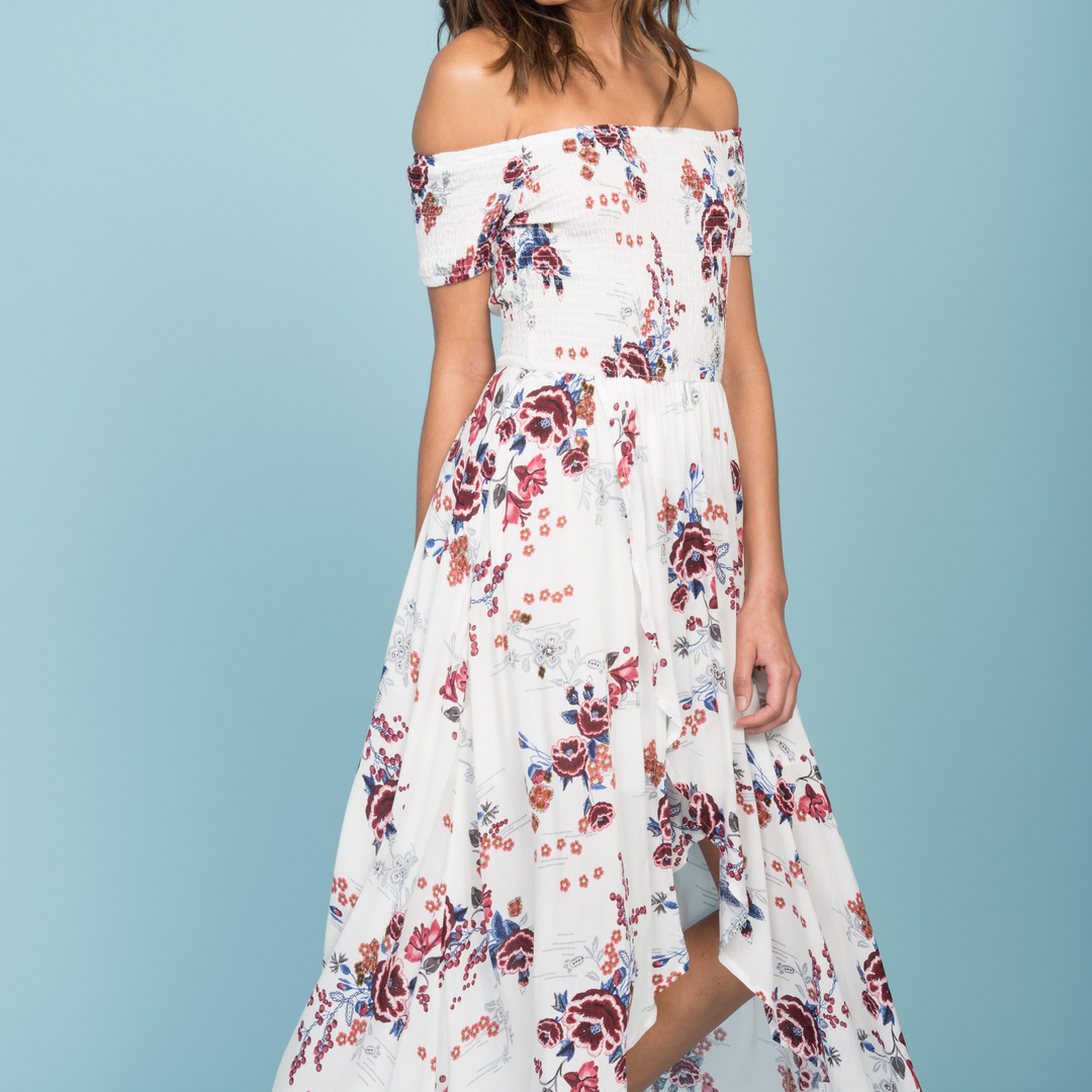 Oasis Floral Smocked Off The Shoulder Maxi Dress