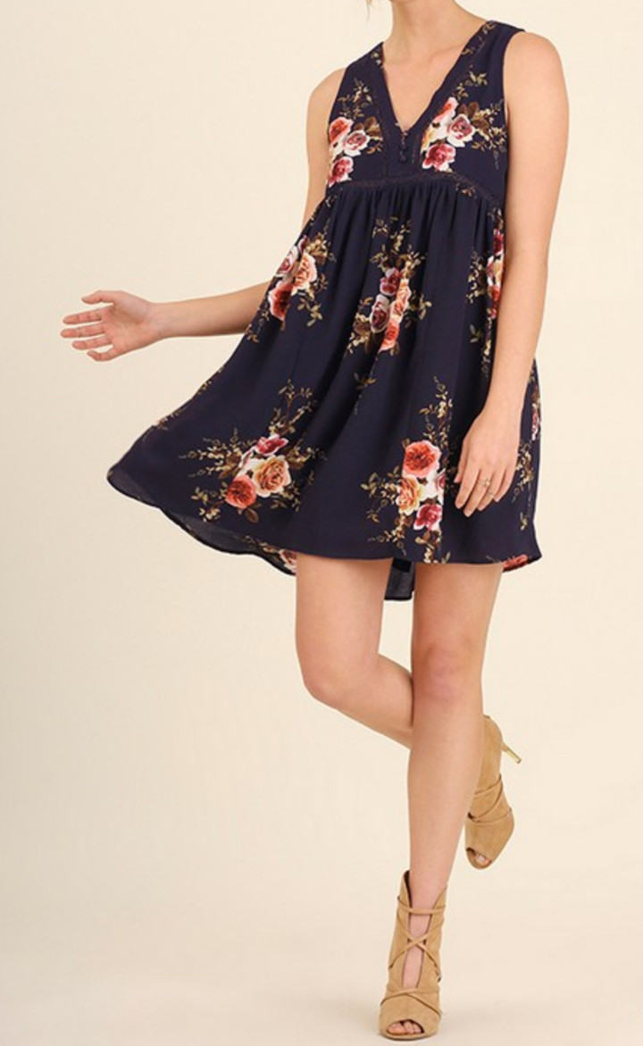 Navy Floral Sleeveless Dress