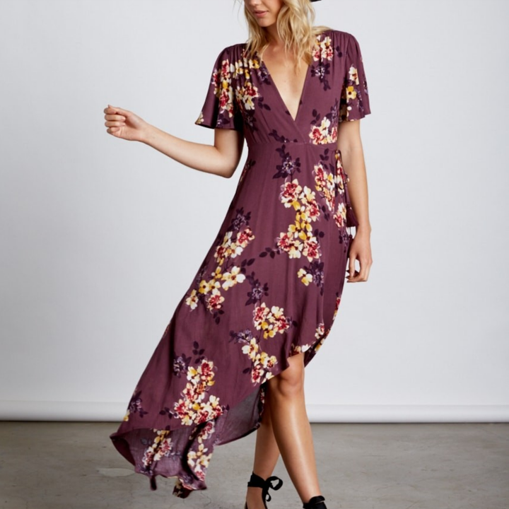 Final Sale - Cotton Candy LA -High-Low Wrap Dress - Floral/Orchid