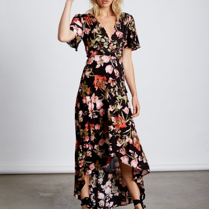 Final Sale - Cotton Candy LA -High-Low Wrap Dress - Floral Black