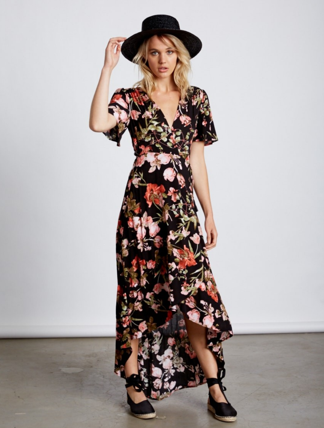 Final Sale - Cotton Candy LA -High-Low Wrap Dress - Floral Black