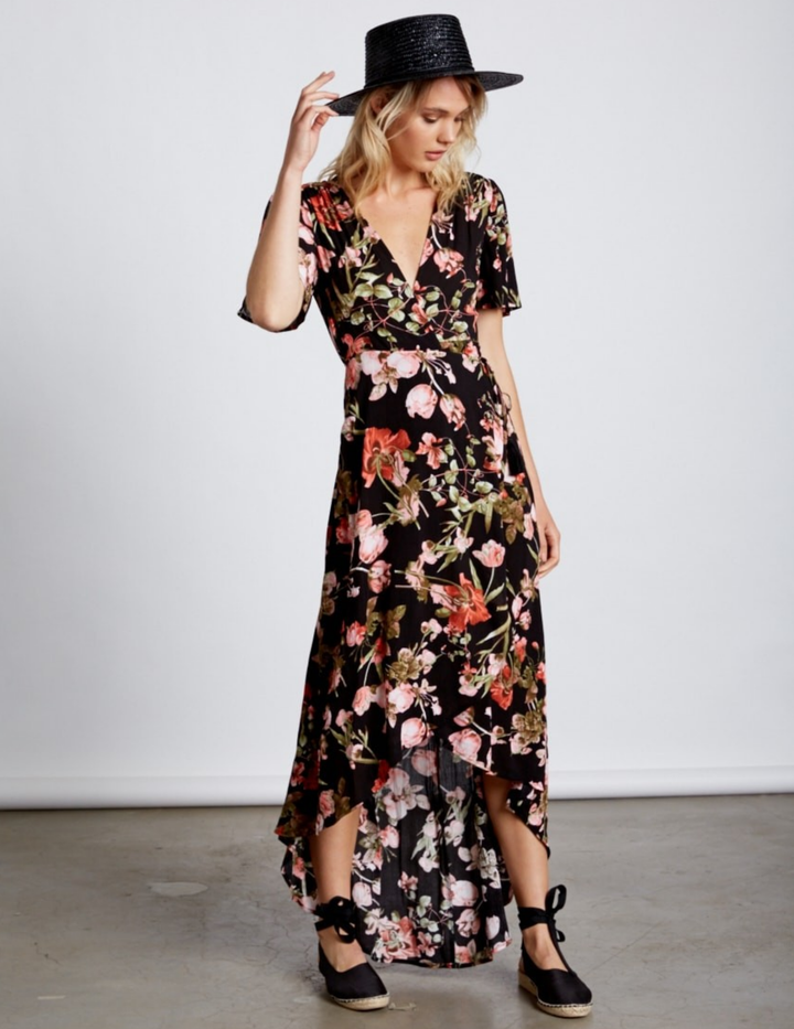 Final Sale - Cotton Candy LA -High-Low Wrap Dress - Floral Black