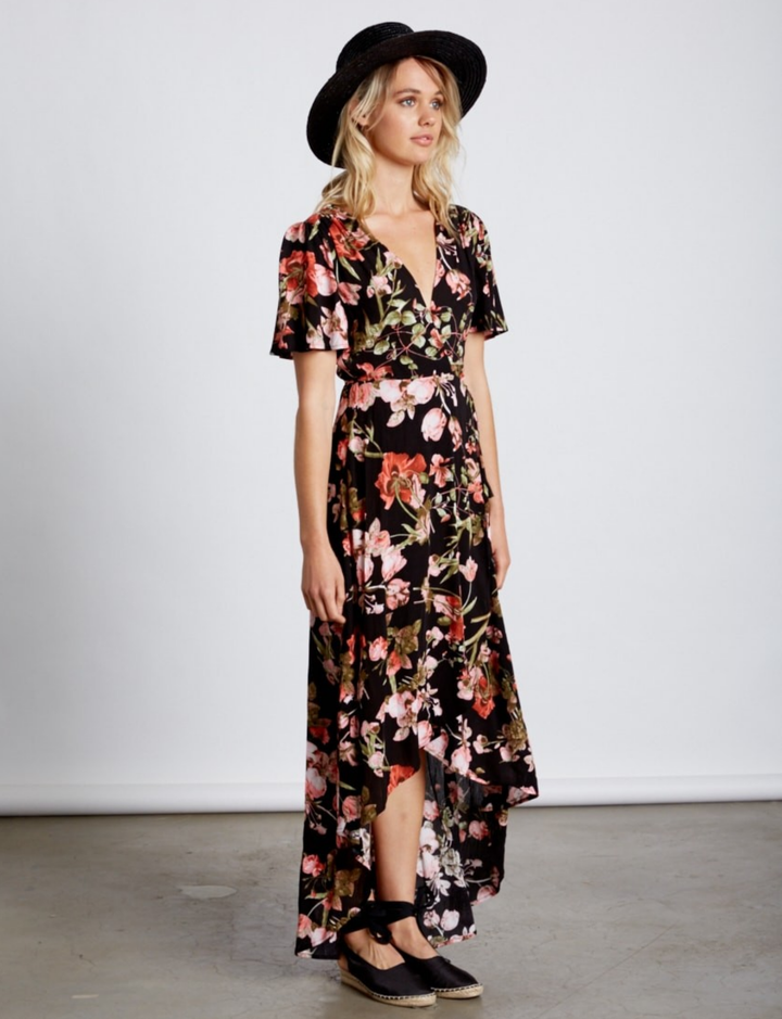 Final Sale - Cotton Candy LA -High-Low Wrap Dress - Floral Black