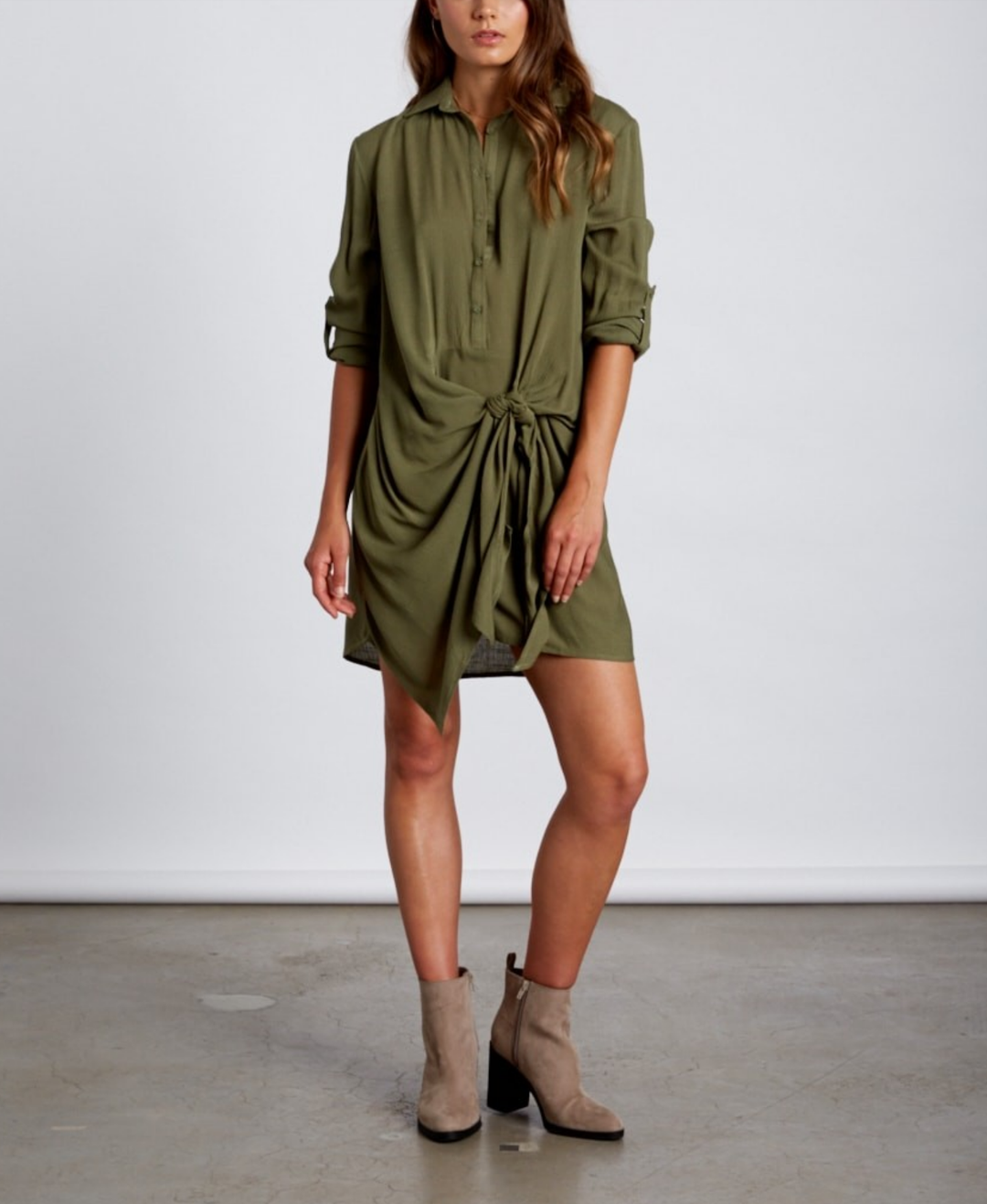 Final Sale - Cotton Candy LA - Low Key Front Knot Dress - Olive