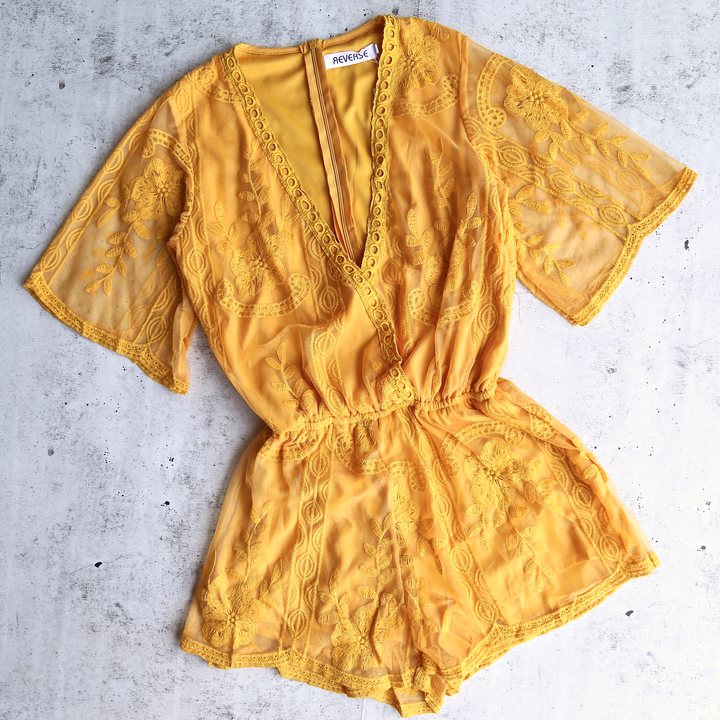 Reverse - Avant Garden Lace Romper in Mustard