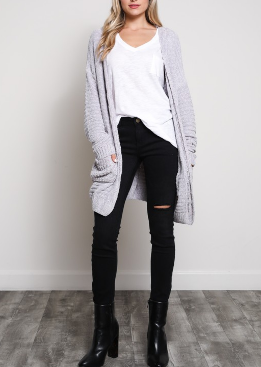 Textured Chenille Knit Shawl Cardigan in Silver