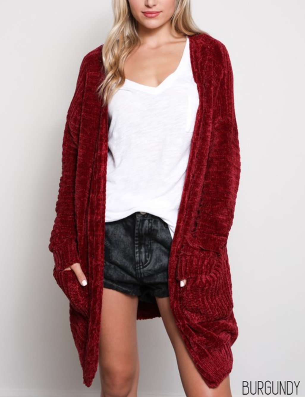 Textured Knit Shawl Cardigan in Burgundy
