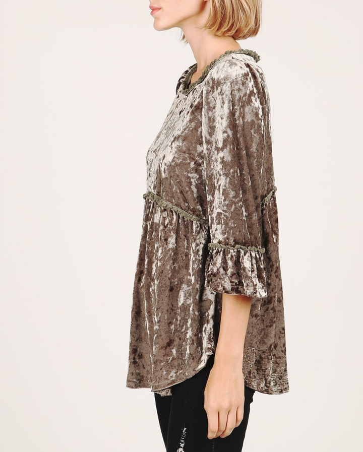 Selena Crushed Velvet Babydoll Quarter Sleeve Top in More Colors