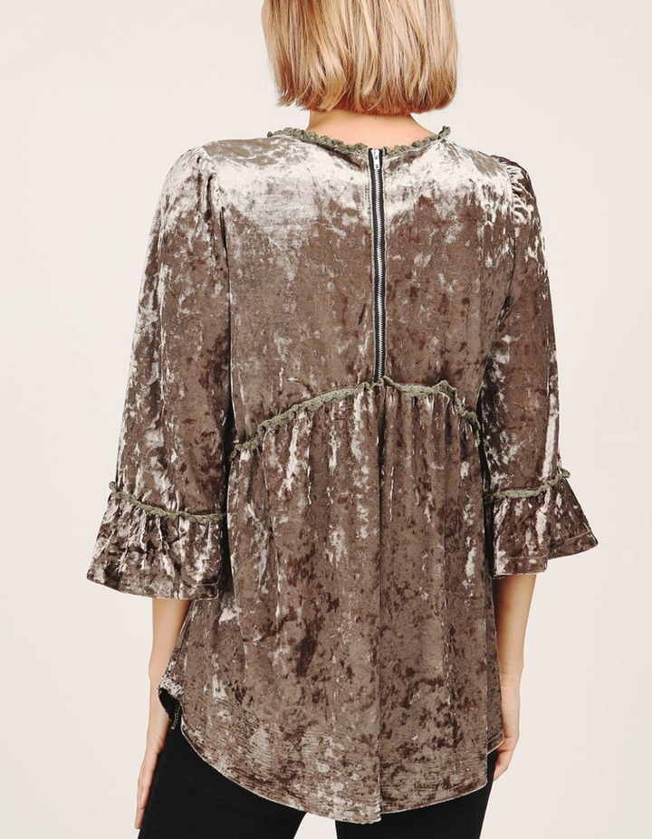 Selena Crushed Velvet Babydoll Quarter Sleeve Top in More Colors