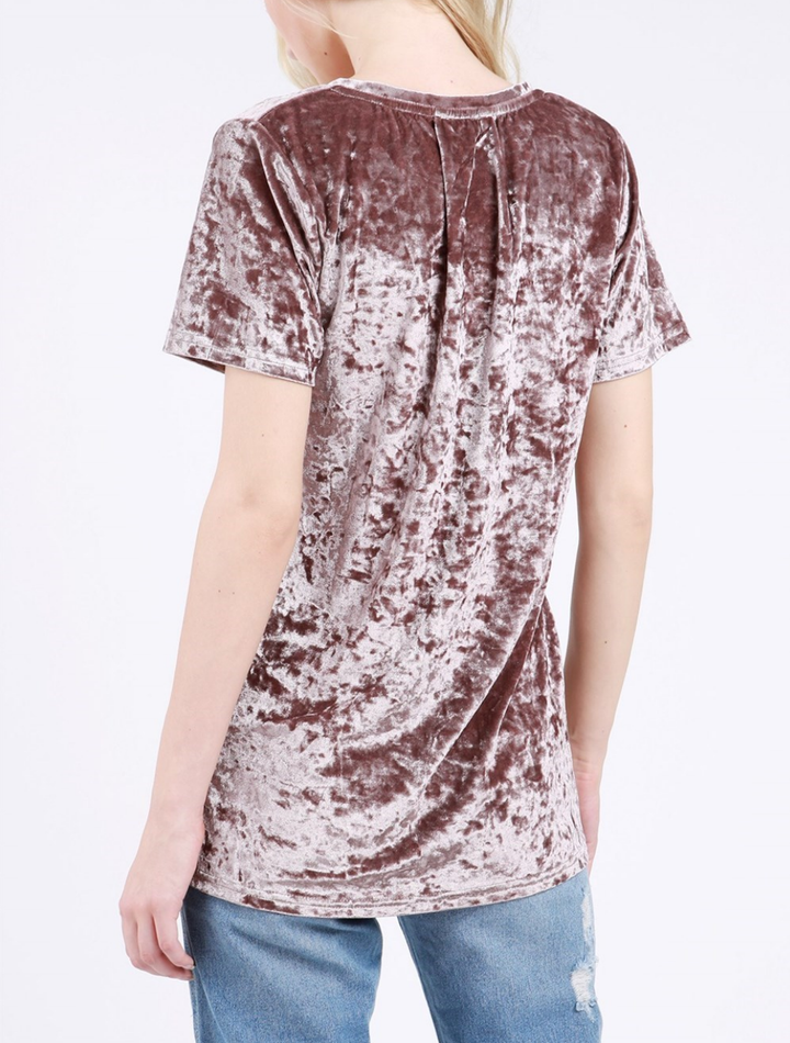 Jessica Crushed Velvet Basic Short Sleeve Deep V-Neck Tee in More Colors