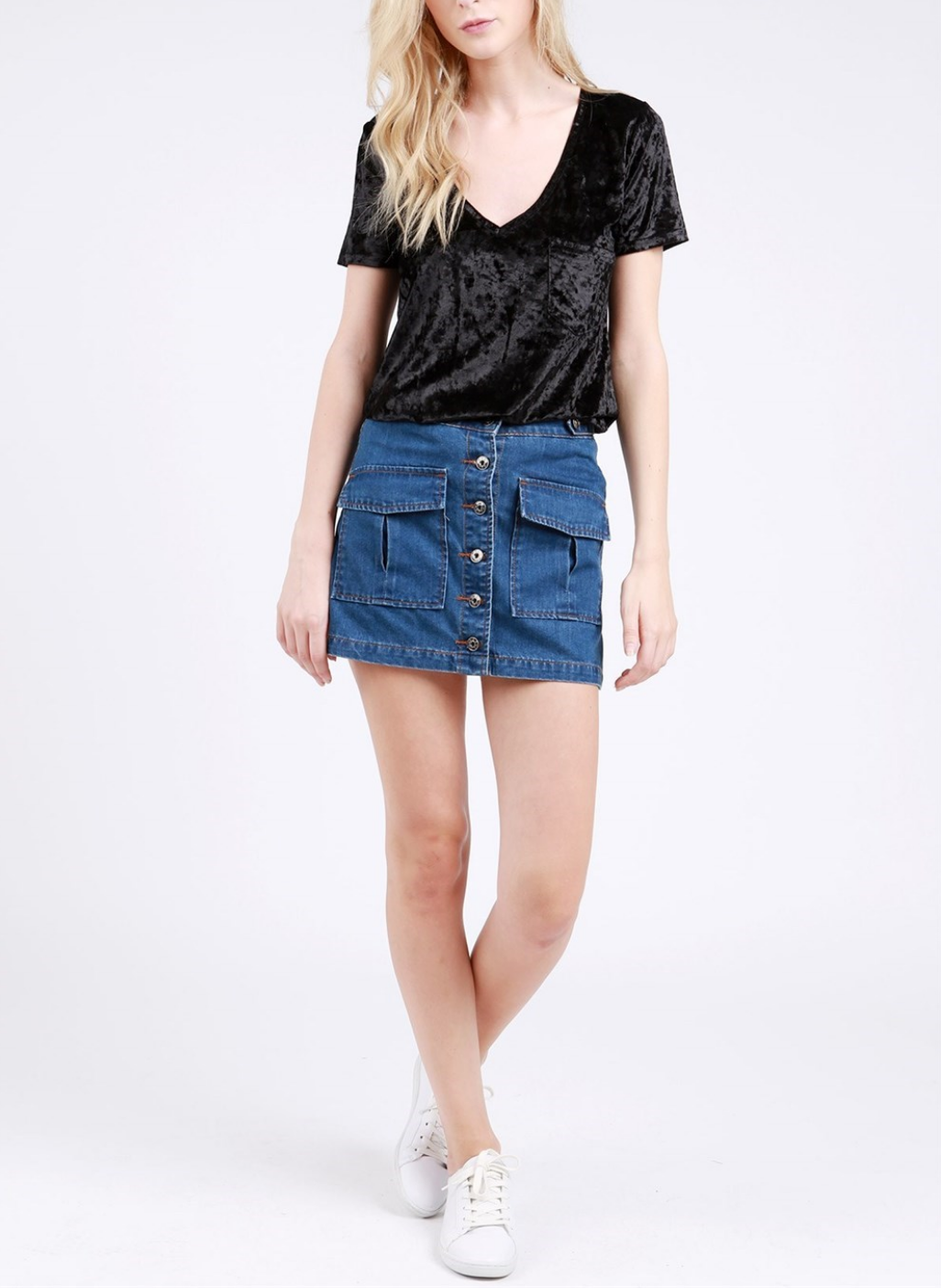 Jessica Crushed Velvet Basic Short Sleeve Deep V-Neck Tee in More Colors