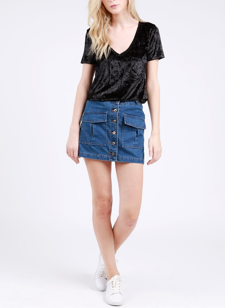 Jessica Crushed Velvet Basic Short Sleeve Deep V-Neck Tee in More Colors