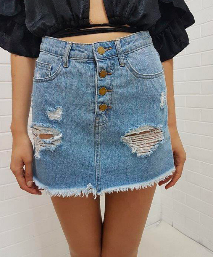 Daya - Button Up Distressed Denim Skirt