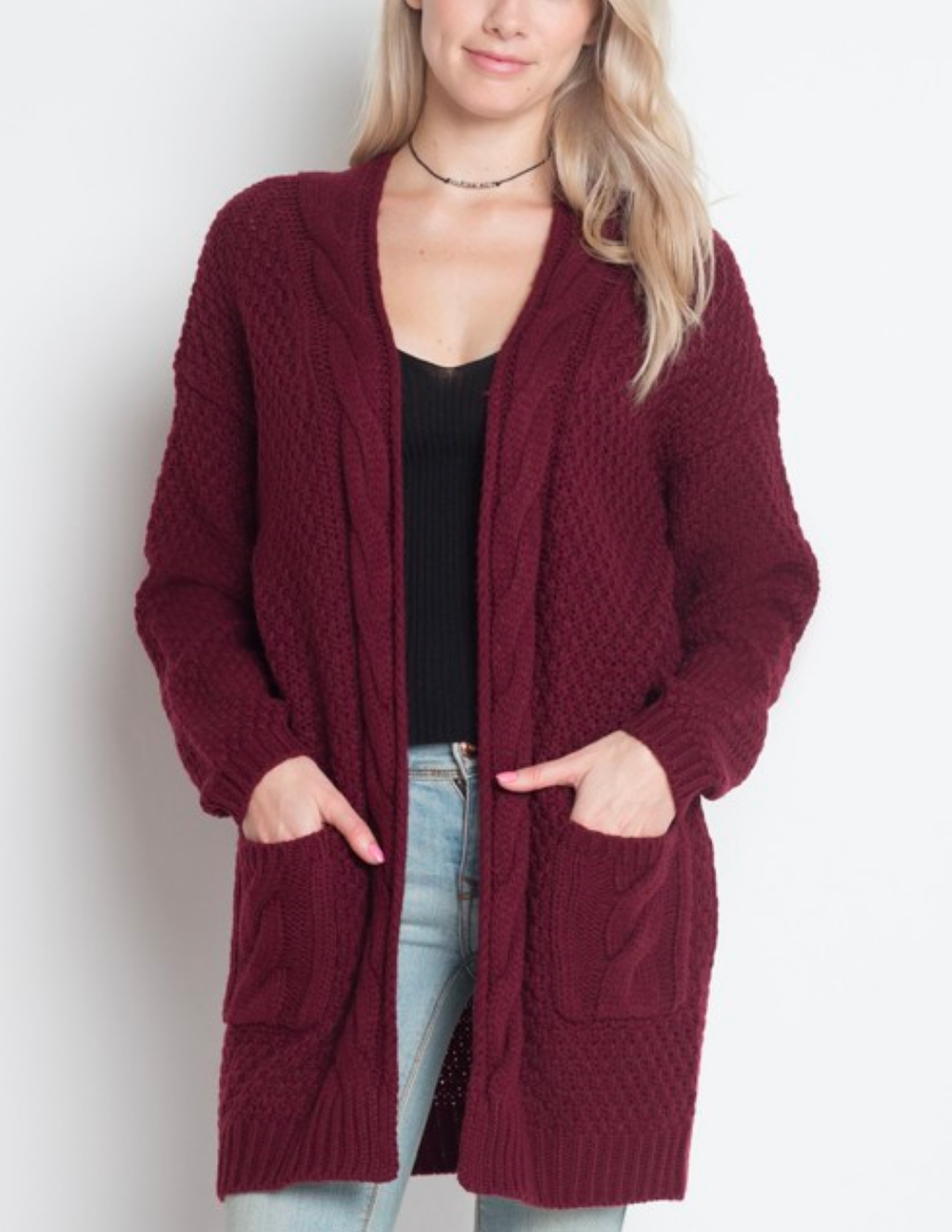 Final Sale - Dreamers by Debut Cable Knit Open Cardigan - Burgundy