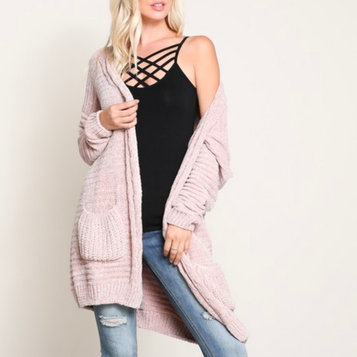 Textured Chenille Knit Shawl Cardigan in Twig