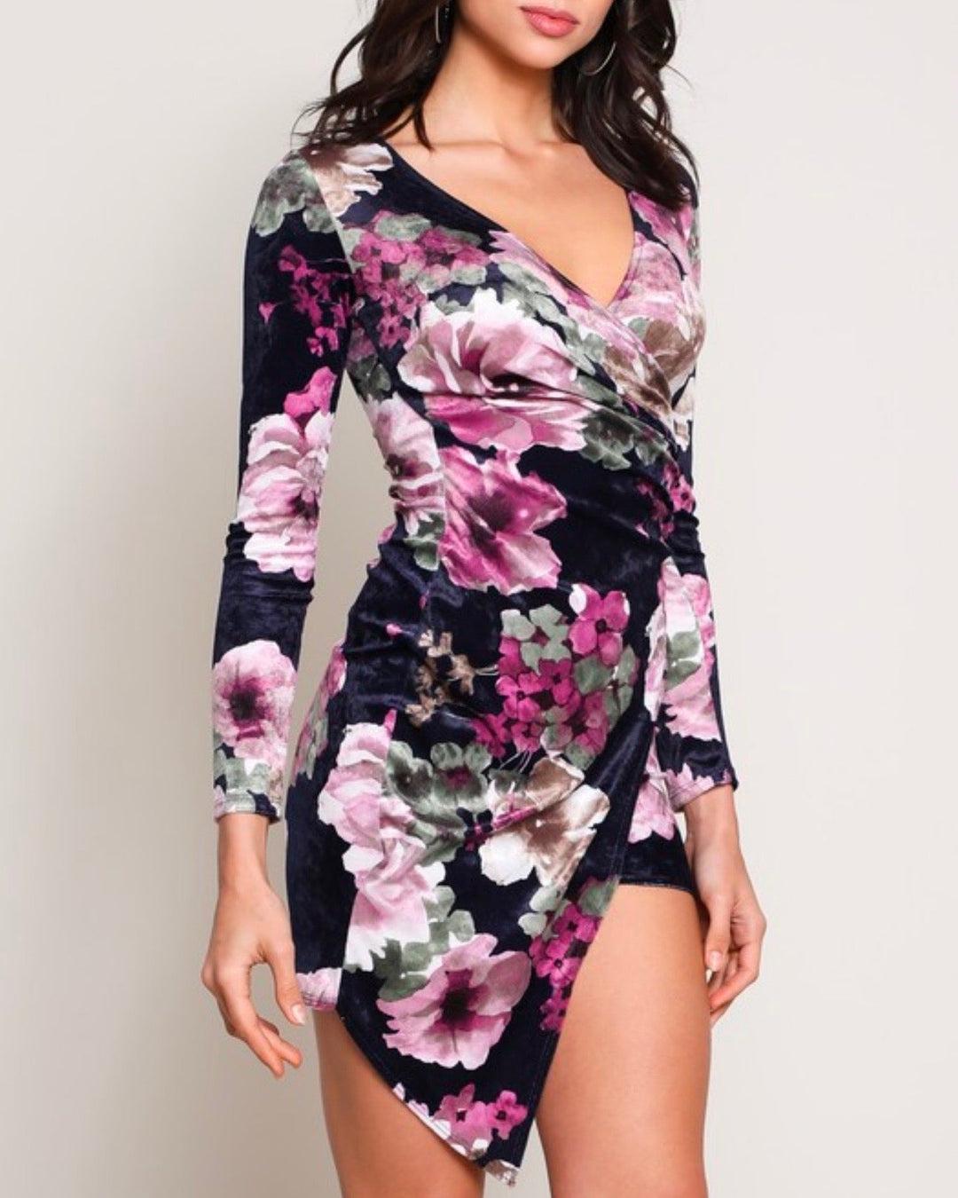 Velvet Floral Long Sleeve Wrapped Dress in Navy