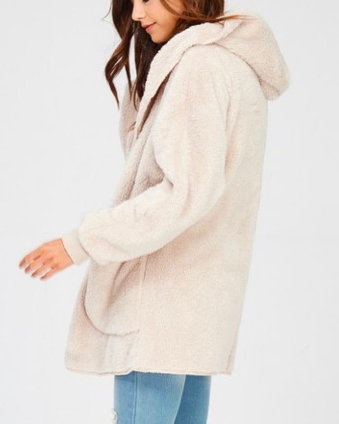 Open Front Faux Fur Sherpa Cardigan With Hoodie in Taupe