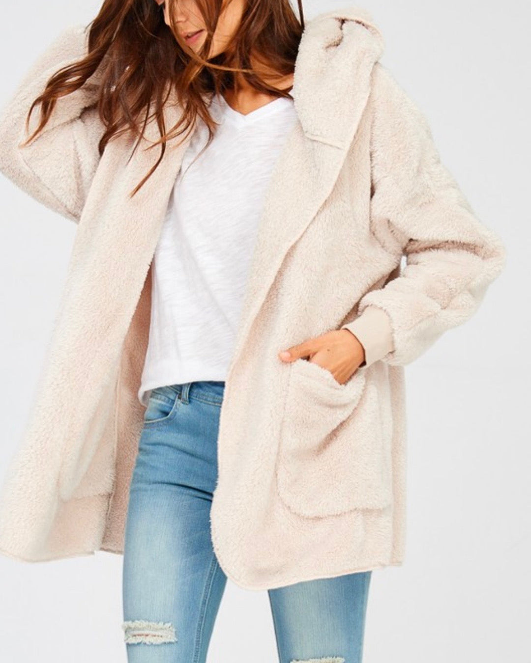 Open Front Faux Fur Sherpa Cardigan With Hoodie in Taupe