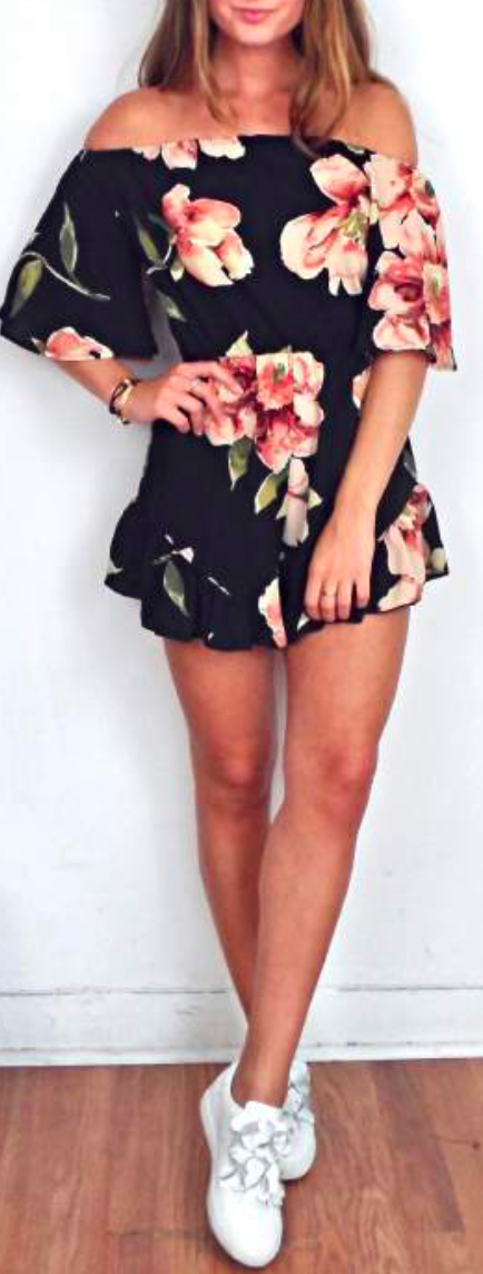 Final Sale - Reverse - Do Me A Favor Off the Shoulder Floral Romper in Black/Multi
