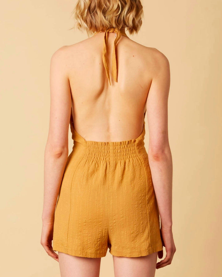 Cotton Candy - Fairgrounds Linen Romper in Dijon Mustard