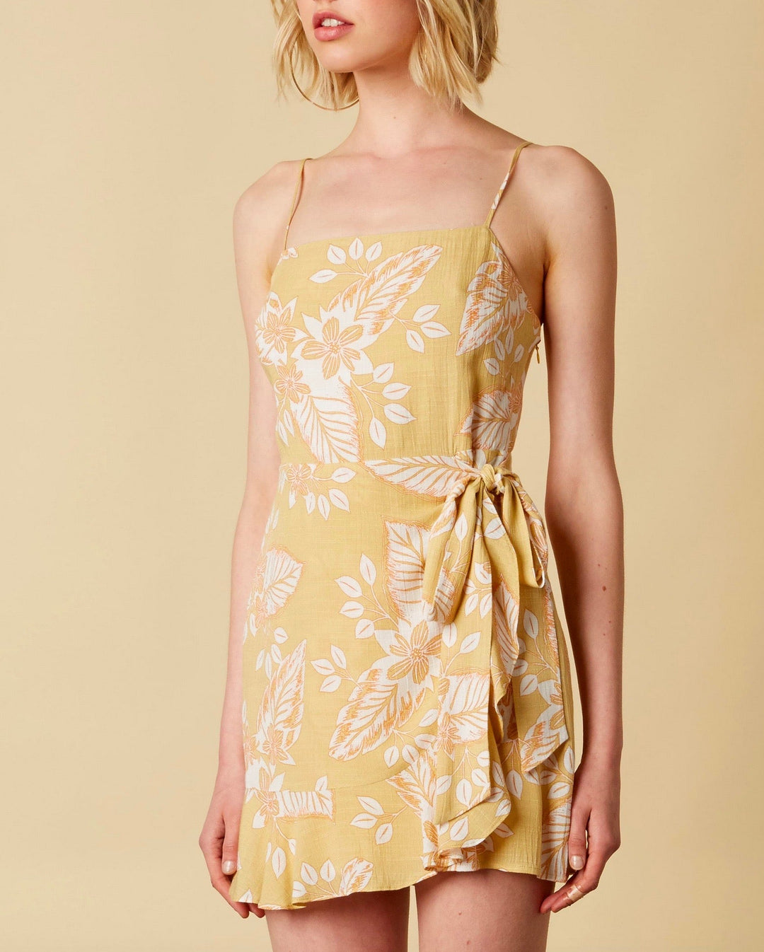 Cotton Candy LA - Rayon Floral Wrap Dress with Ruffle Hem in Maize